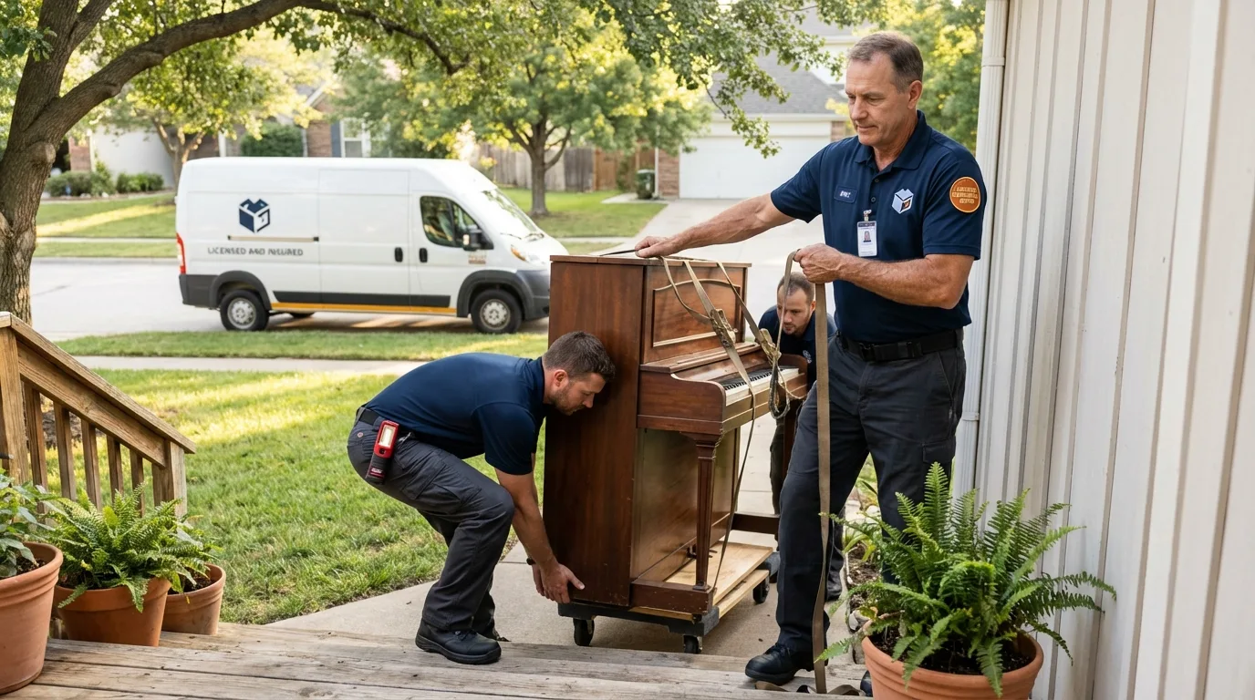 Licensed piano movers securing grand piano in Tryon, NE