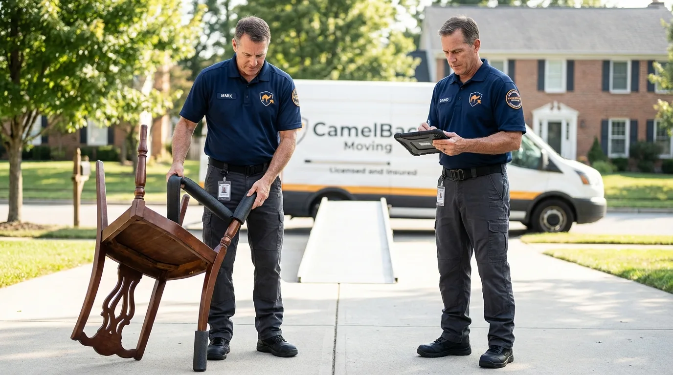 Movers inspecting furniture for damage prevention before loading in Tryon, NE