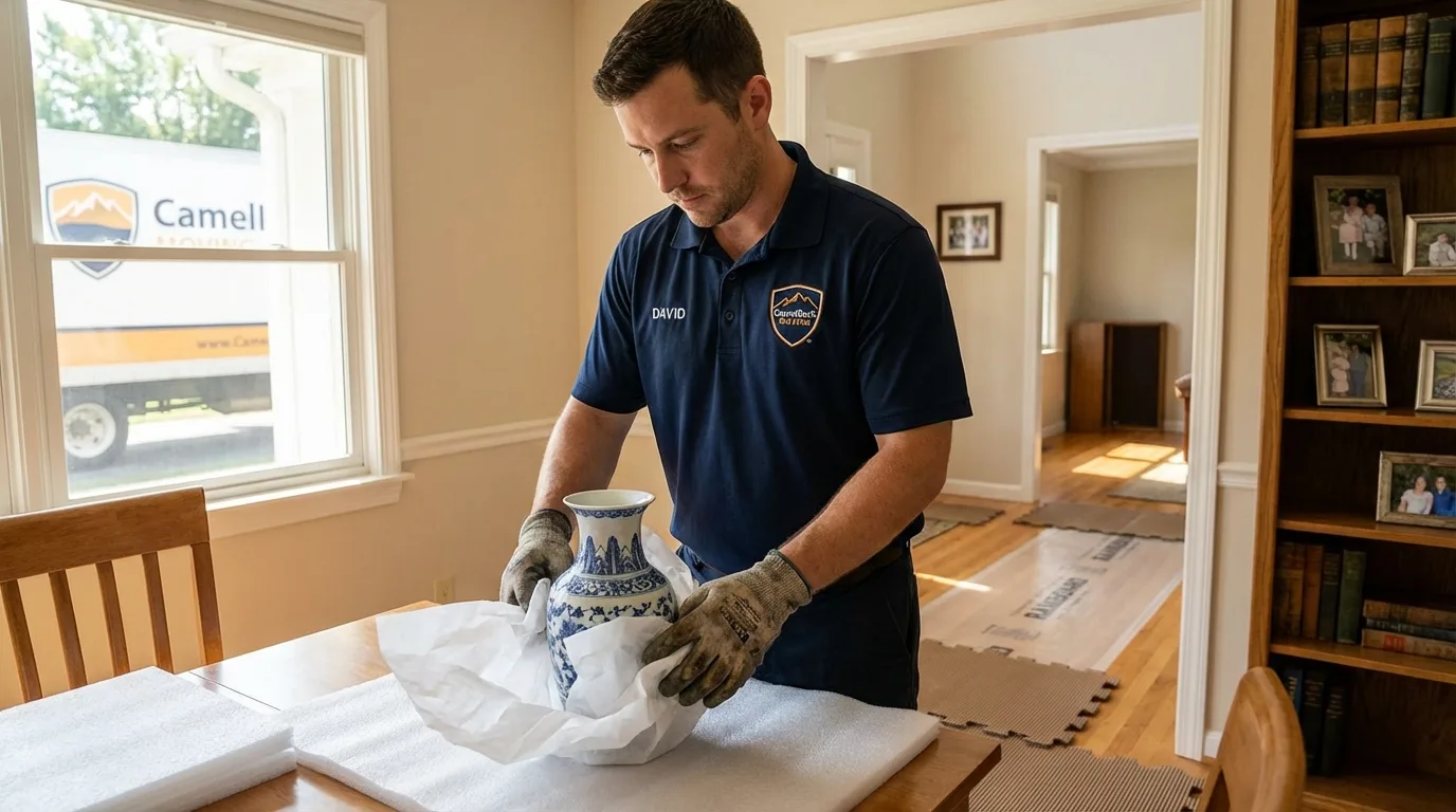 Professional crew carefully wrapping antique vase for senior downsizing move in Tryon, NE